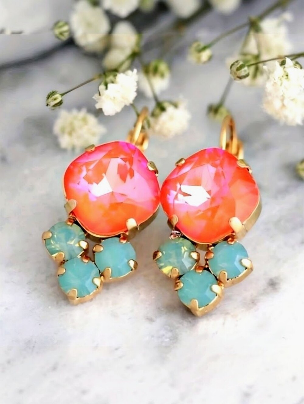 Pink & green crystal drop earrings; Nwot